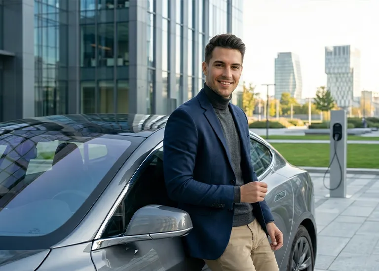 Young professional with an EV fully charged