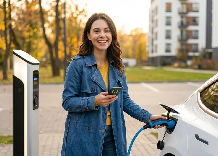 Young professional woman charging her EV